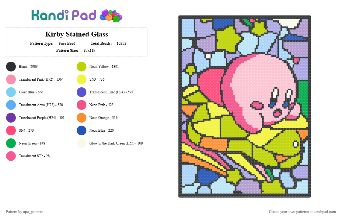 Kirby Stained Glass - Fuse Bead Pattern by ape_patterns on Kandi Pad - green,light blue,pink,purple,character,kirby,stained,glass,nintendo,video games,gaming,translucent