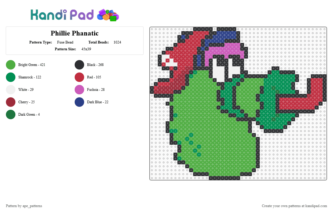 Phillie Phanatic - Fuse Bead Pattern by ape_patterns on Kandi Pad - green,sports,baseball,philadelphia,phillies,phillie phanatic,phillie,phanatic