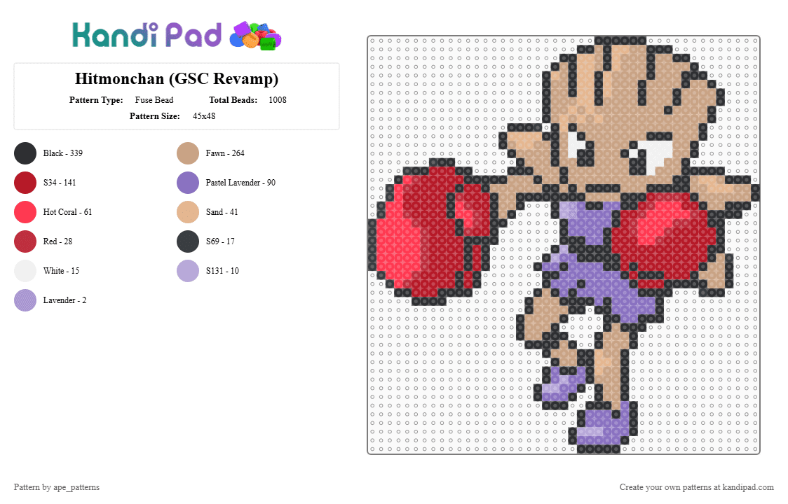 Hitmonchan (GSC Revamp) - Fuse Bead Pattern by ape_patterns on Kandi Pad - red,beige,character,hitmonchan,pokemon,revamp,nintendo,game boy,video games,gaming