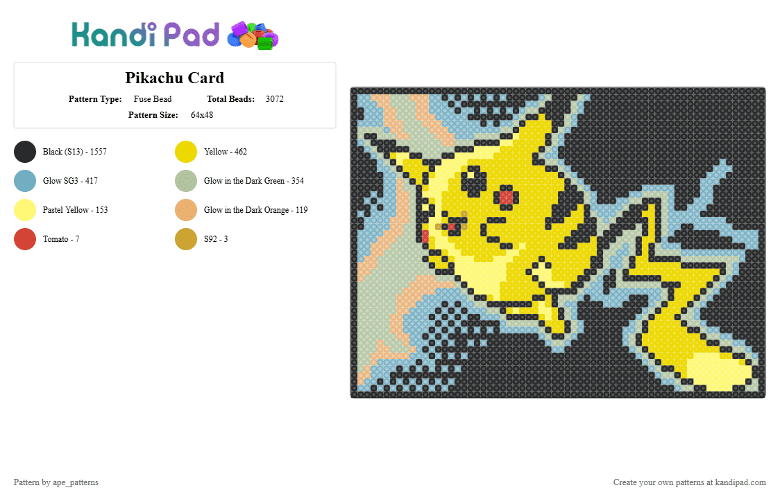 Pikachu Card - Fuse Bead Pattern by ape_patterns on Kandi Pad - black,beige,light blue,yellow,character,pikachu,pokemon,trading card,tcg,nintendo,video games,gaming