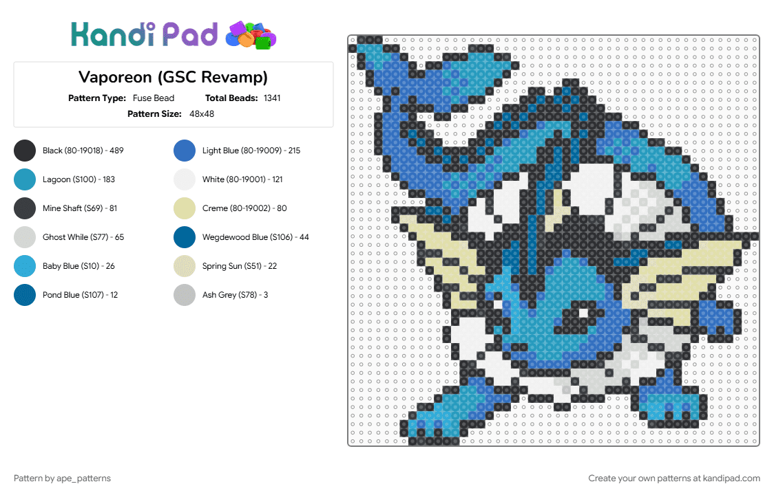 Vaporeon (GSC Revamp) - Fuse Bead Pattern by ape_patterns on Kandi Pad - blue, character, game boy, gaming, light blue, nintendo, pokemon, revamp, vaporeon, video games