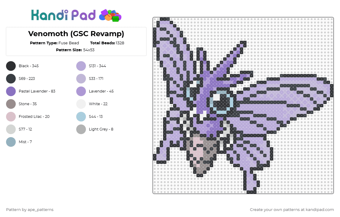 Venomoth (GSC Revamp) - Fuse Bead Pattern by ape_patterns on Kandi Pad - pink,character,venomoth,pokemon,revamp,nintendo,game boy,video games,gaming