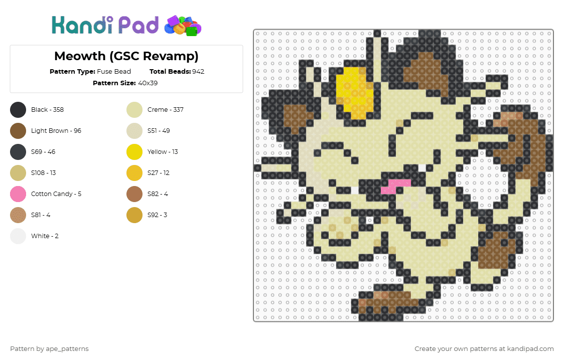 Meowth (GSC Revamp) - Fuse Bead Pattern by ape_patterns on Kandi Pad - yellow,tan,character,meowth,pokemon,revamp,nintendo,game boy,video games,gaming