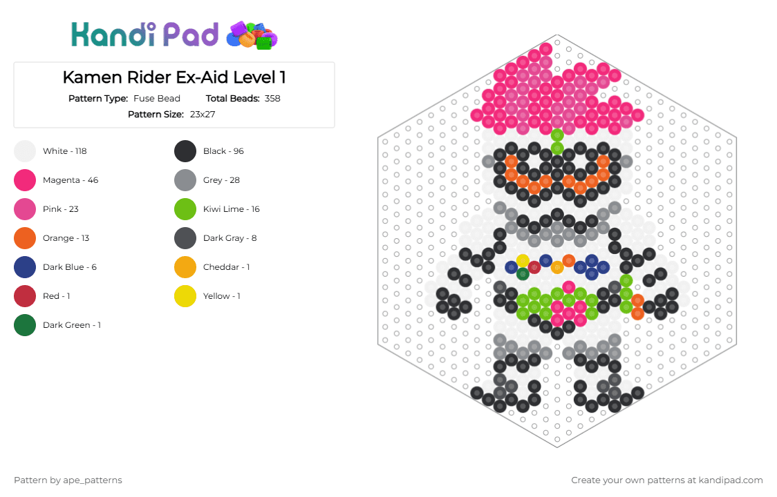Kamen Rider Ex-Aid Level 1 - Fuse Bead Pattern by ape_patterns on Kandi Pad - white,pink,gray,character,kamen rider,exaid,chibi,toku,superhero,video games,gaming