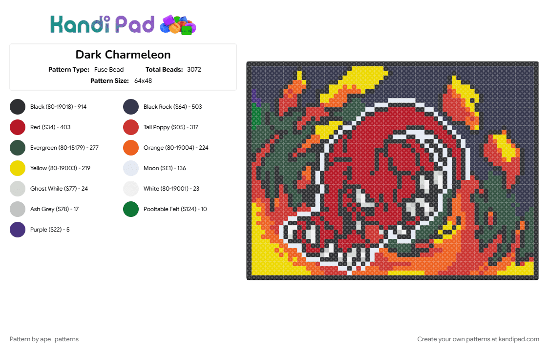 Dark Charmeleon - Fuse Bead Pattern by ape_patterns on Kandi Pad - character, charmeleon, cotdfiery, gaming, gray, nintendo, pokemon, purple, red, trading card, video game