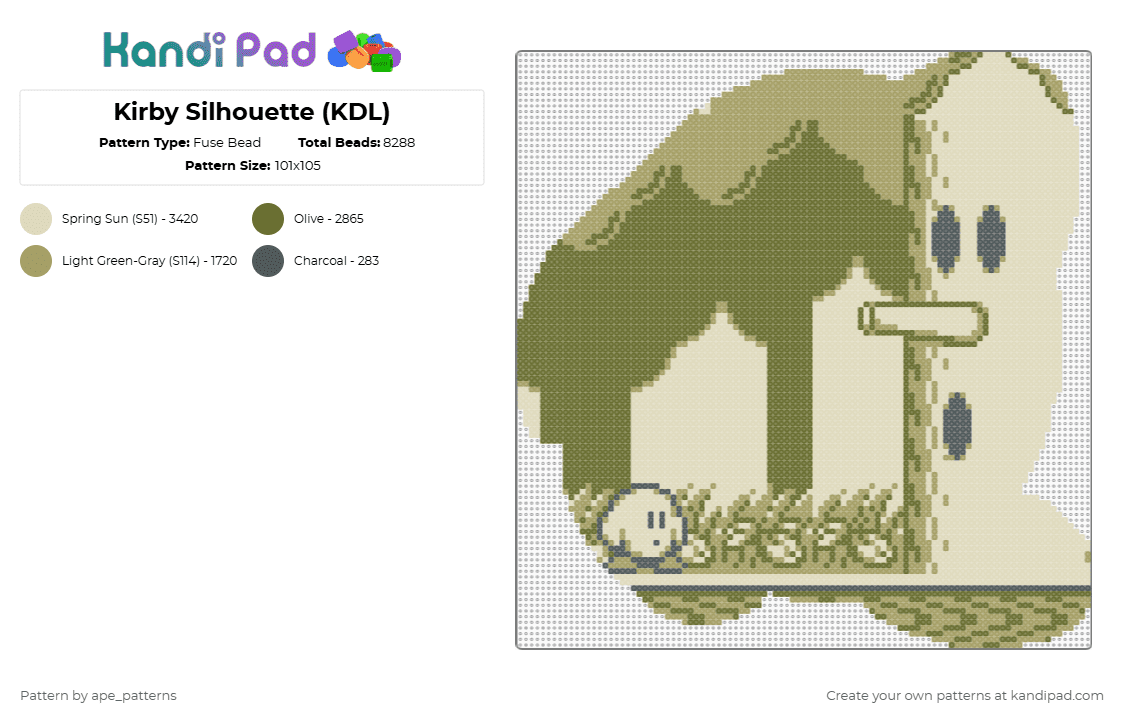 Kirby Silhouette (KDL) - Fuse Bead Pattern by ape_patterns on Kandi Pad - gold,beige,character,silhouette,kirby,retro,nintendo,game boy,video games,gaming