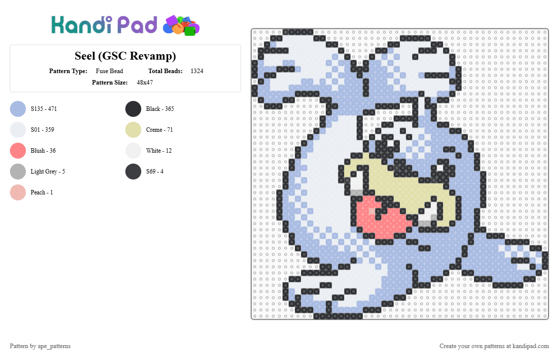 Seel (GSC Revamp) - Fuse Bead Pattern by ape_patterns on Kandi Pad - light blue,character,seel,pokemon,revamp,nintendo,game boy,video games,gaming