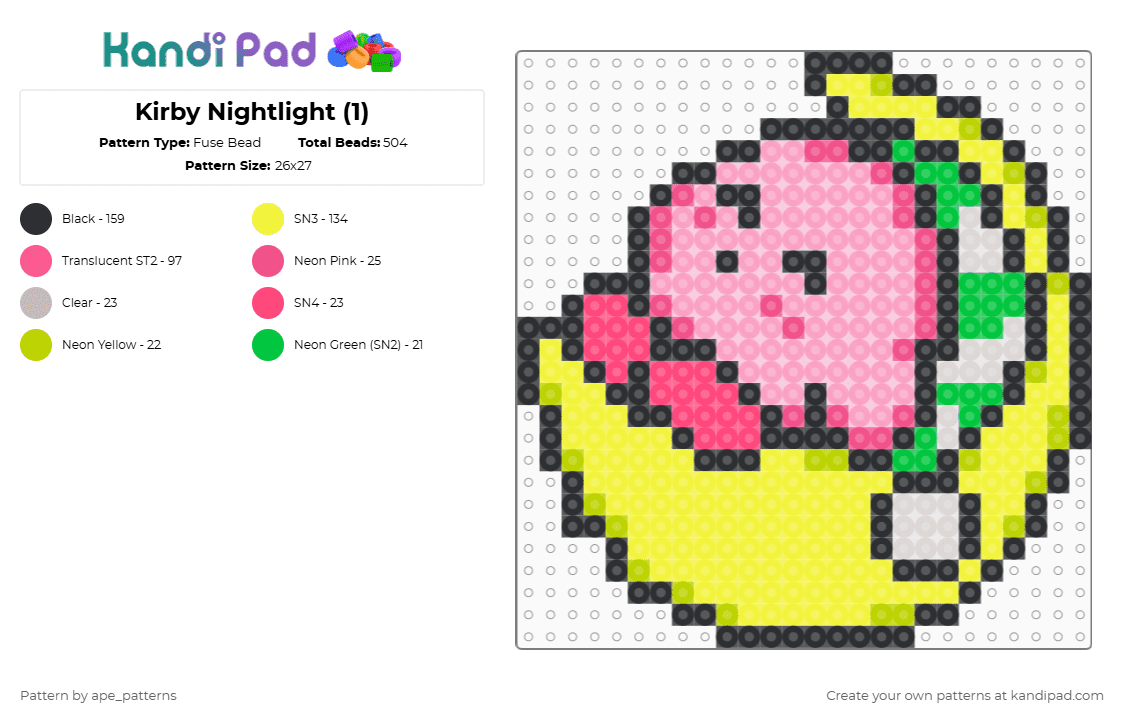 Kirby Nightlight (1) - Fuse Bead Pattern by ape_patterns on Kandi Pad - pink,yellow,character,kirby,adorable,video games,nintendo,nightlight,neon,gaming