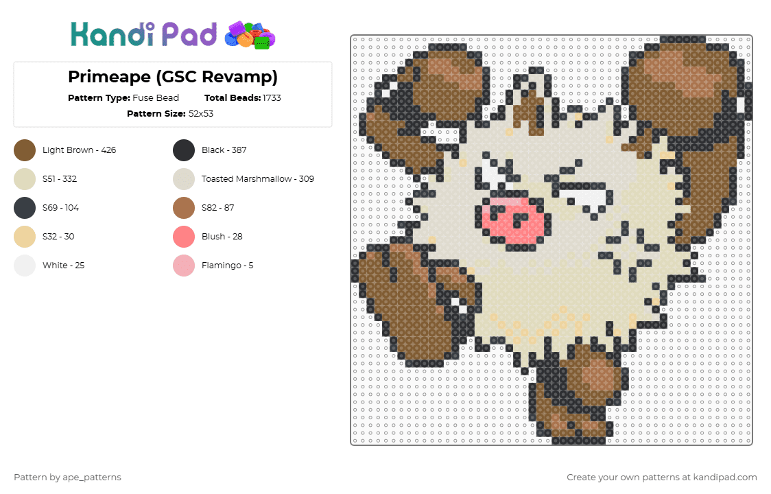 Primeape (GSC Revamp) - Fuse Bead Pattern by ape_patterns on Kandi Pad - beige,tan,character,primeape,pokemon,revamp,nintendo,game boy,video games,gaming