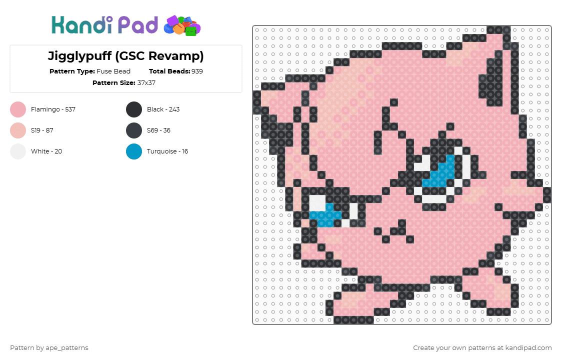 Jigglypuff (GSC Revamp) - Fuse Bead Pattern by ape_patterns on Kandi Pad - beige,character,jigglypuff,pokemon,revamp,nintendo,game boy,video games,gaming