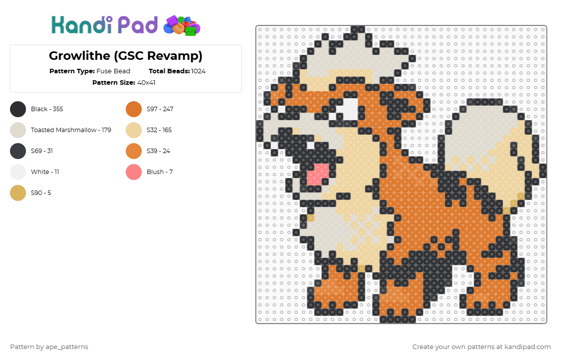 Growlithe (GSC Revamp) - Fuse Bead Pattern by ape_patterns on Kandi Pad - orange,beige,character,growlithe,pokemon,revamp,nintendo,game boy,video games,gaming