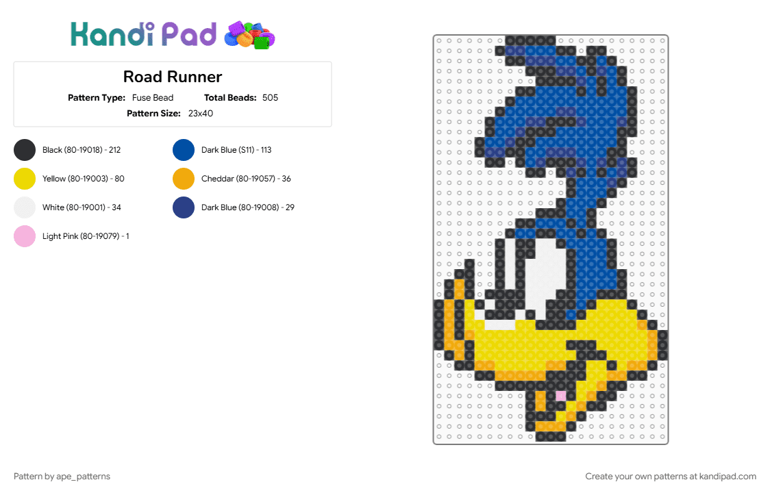 Road Runner - Fuse Bead Pattern by ape_patterns on Kandi Pad - acme, blue, cartoon, character, looney toons, looney tunes, meep, road runner, roadrunner, yellow