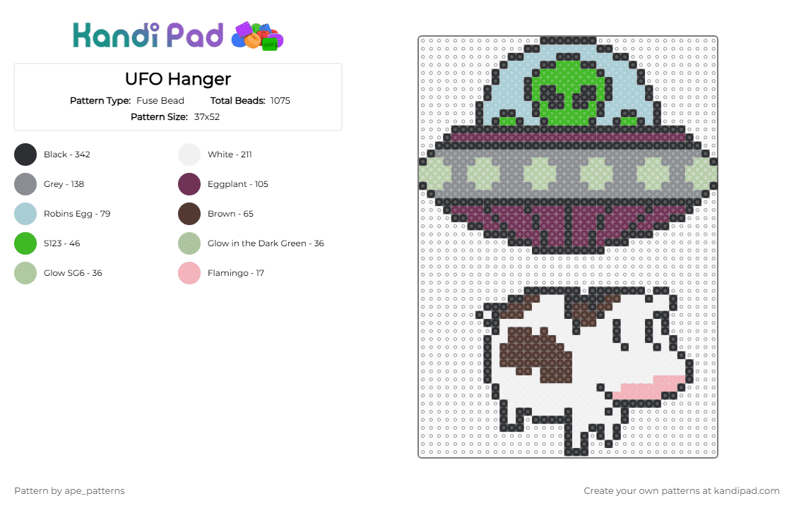 UFO Hanger - Fuse Bead Pattern by ape_patterns on Kandi Pad - light blue,pink,gray,cotdaliens,alien,alien abduction,cow,ufo,flying saucer
