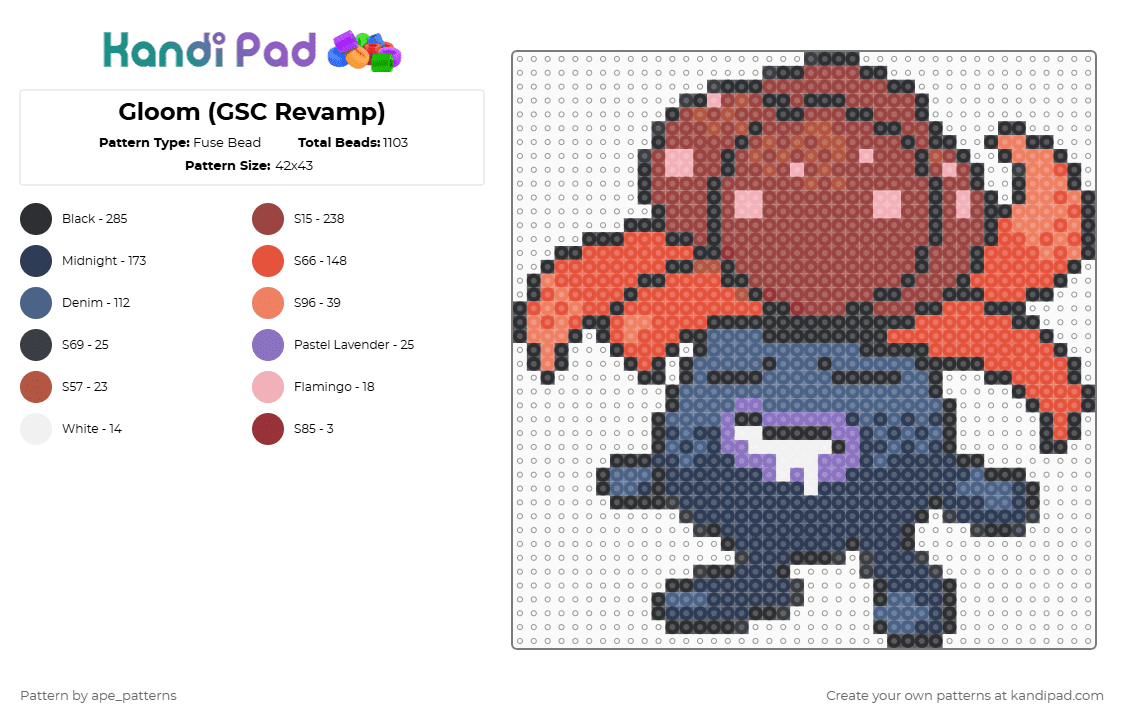 Gloom (GSC Revamp) - Fuse Bead Pattern by ape_patterns on Kandi Pad - purple,red,character,gloom,pokemon,revamp,nintendo,game boy,video games,gaming