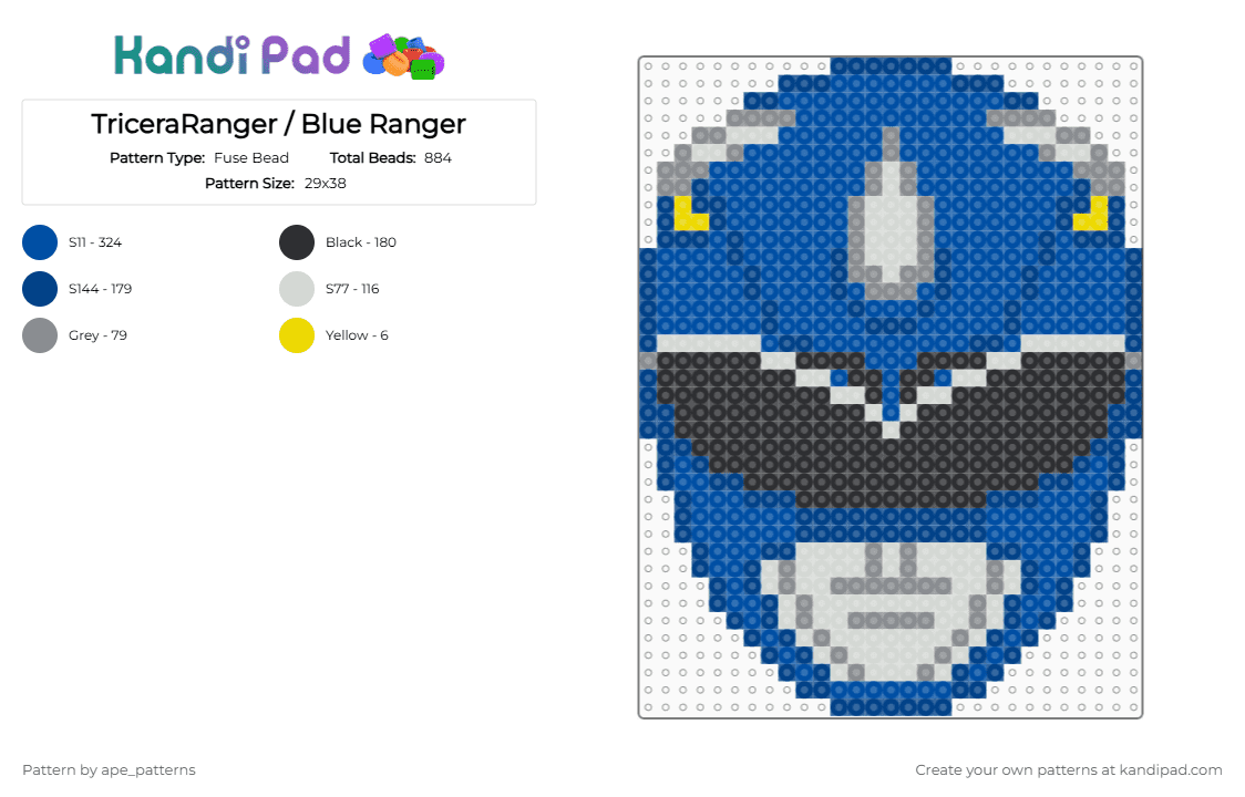 TriceraRanger / Blue Ranger - Fuse Bead Pattern by ape_patterns on Kandi Pad - character,power rangers,super sentai,zyuranger,mighty morphin,mmpr,toku,superhero