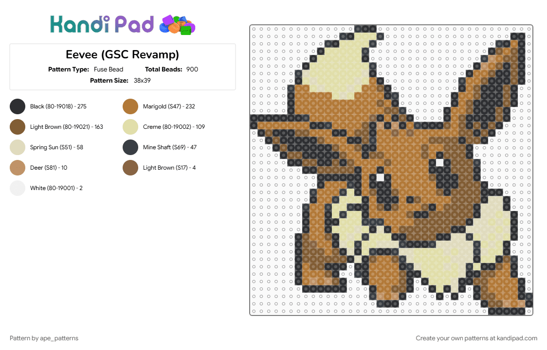 Eevee (GSC Revamp) - Fuse Bead Pattern by ape_patterns on Kandi Pad - character, eevee, game boy, gaming, nintendo, pokemon, revamp, tan, video games