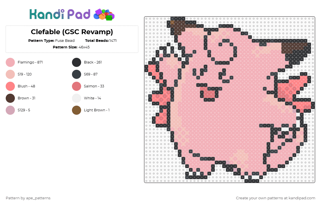 Clefable (GSC Revamp) - Fuse Bead Pattern by ape_patterns on Kandi Pad - beige,character,clefable,pokemon,revamp,nintendo,game boy,video games,gaming
