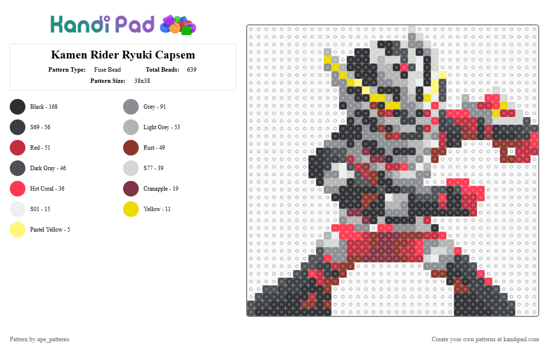 Kamen Rider Ryuki Capsem - Fuse Bead Pattern by ape_patterns on Kandi Pad - red,gray,character,kamen rider,ryuki,zeztz,capsem,toku,superhero