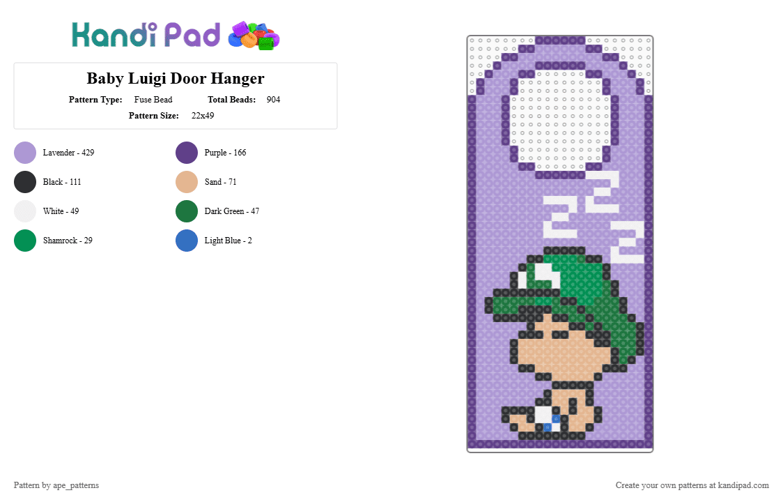Baby Luigi Door Hanger - Fuse Bead Pattern by ape_patterns on Kandi Pad - purple,pink,character,baby luigi,mario bros,yoshi,door hanger,nintendo,video games,gaming