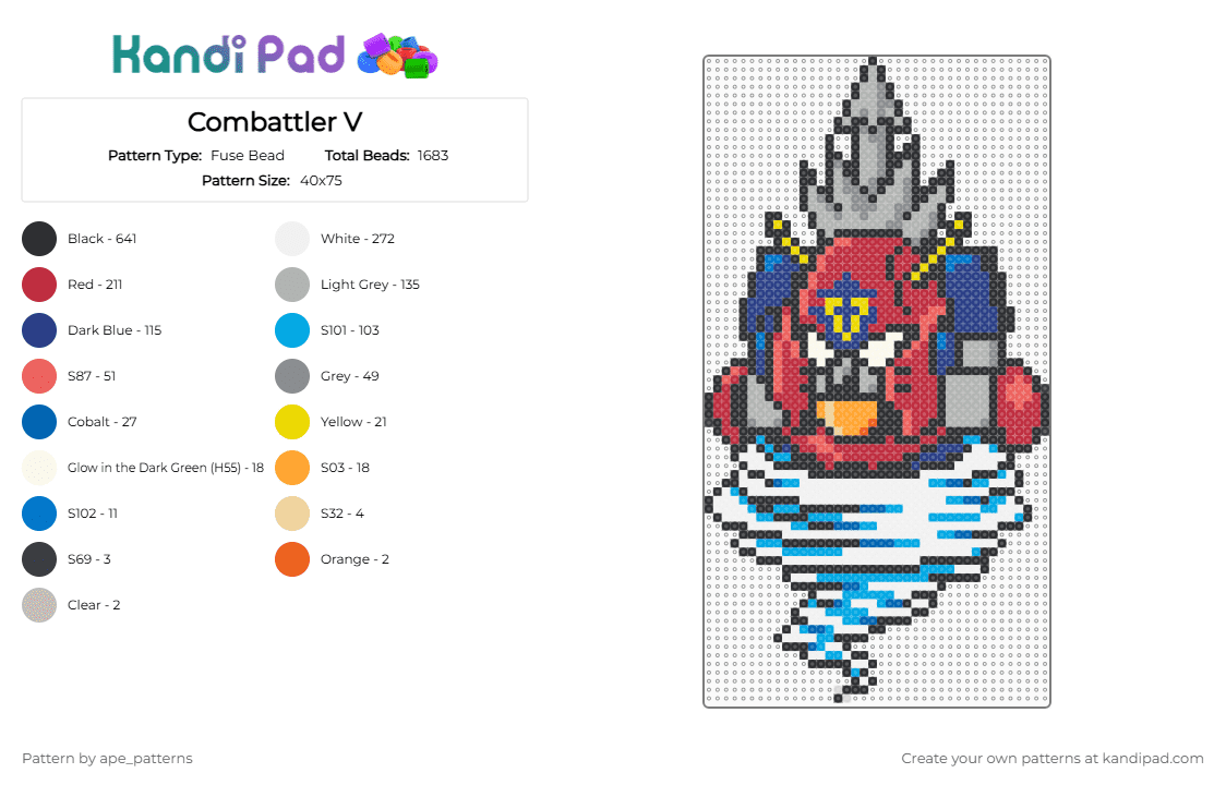 Combattler V - Fuse Bead Pattern by ape_patterns on Kandi Pad - beige,blue,light blue,red,cotdanime,combattler v,50th,anniversary,mecha,anime