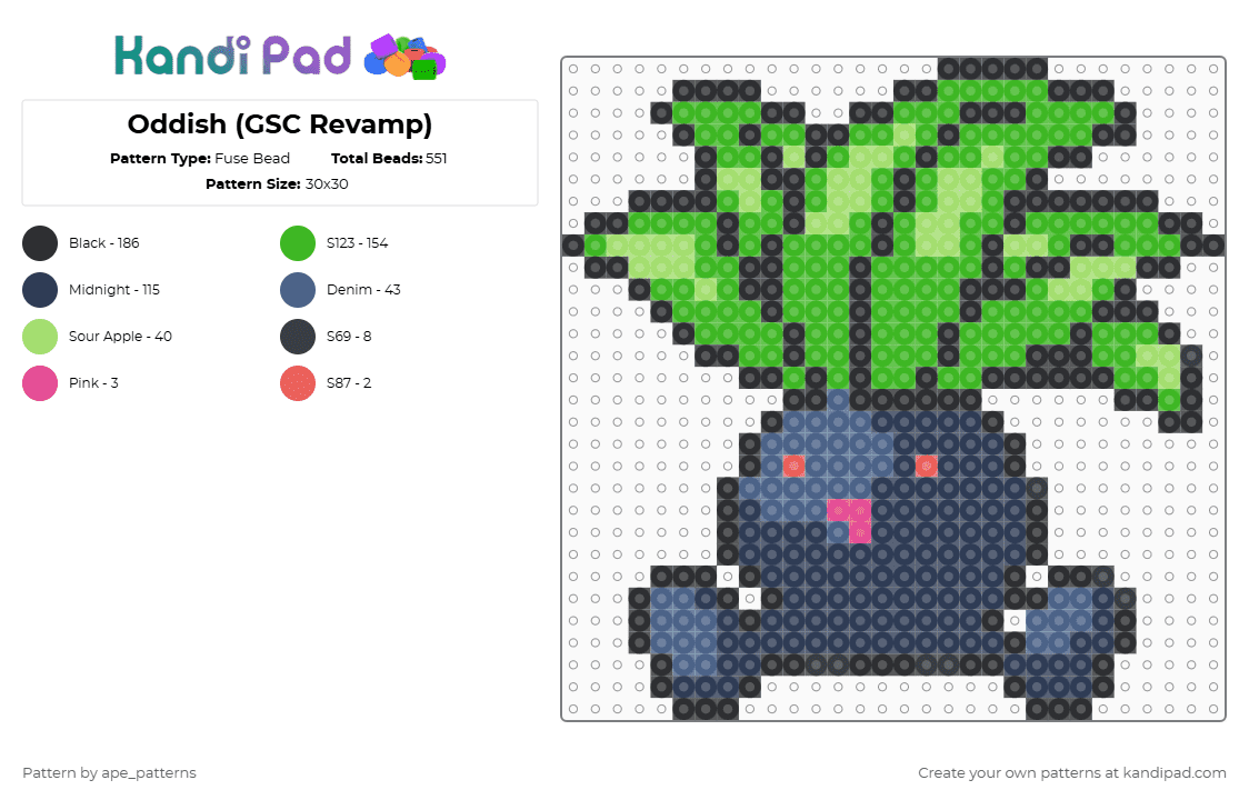 Oddish (GSC Revamp) - Fuse Bead Pattern by ape_patterns on Kandi Pad - purple,green,character,oddish,pokemon,revamp,nintendo,game boy,video games,gaming