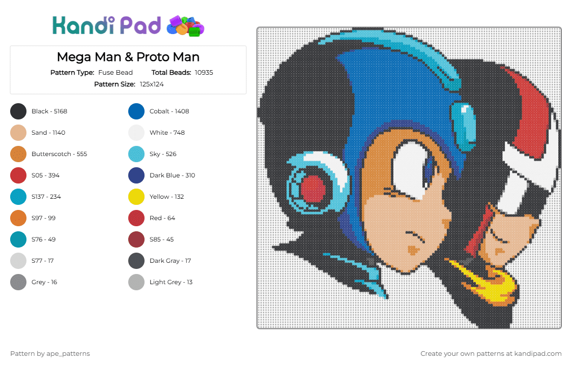 Mega Man & Proto Man - Fuse Bead Pattern by ape_patterns on Kandi Pad - black,blue,beige,light blue,colorful,character,mega man,proto man,rockman,capcom,video games,gaming
