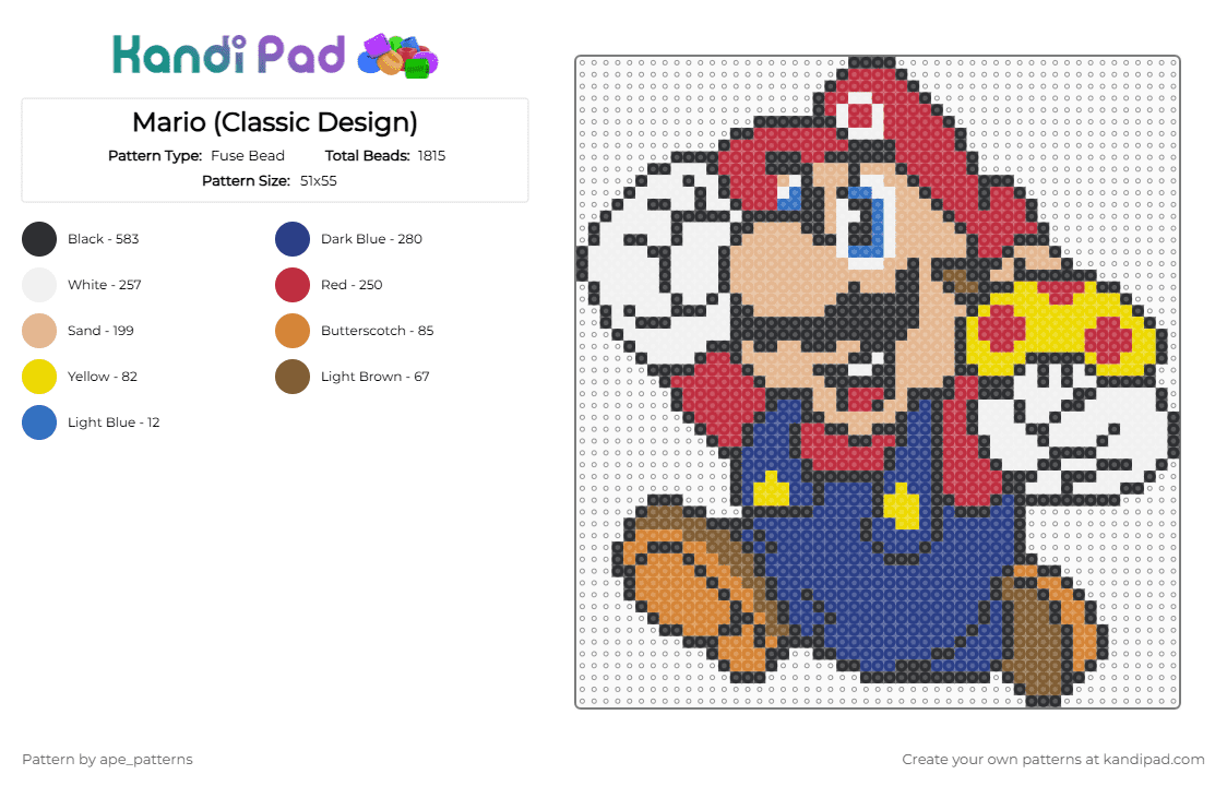 Mario (Classic Design) - Fuse Bead Pattern by ape_patterns on Kandi Pad - red,beige,blue,character,mario,super mario bros,retro,nintendo,video games,gaming
