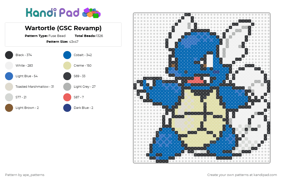 Wartortle (GSC Revamp) - Fuse Bead Pattern by ape_patterns on Kandi Pad - blue,yellow,character,pokemon,wartortle,revamp,game boy,nintendo,video games,gaming