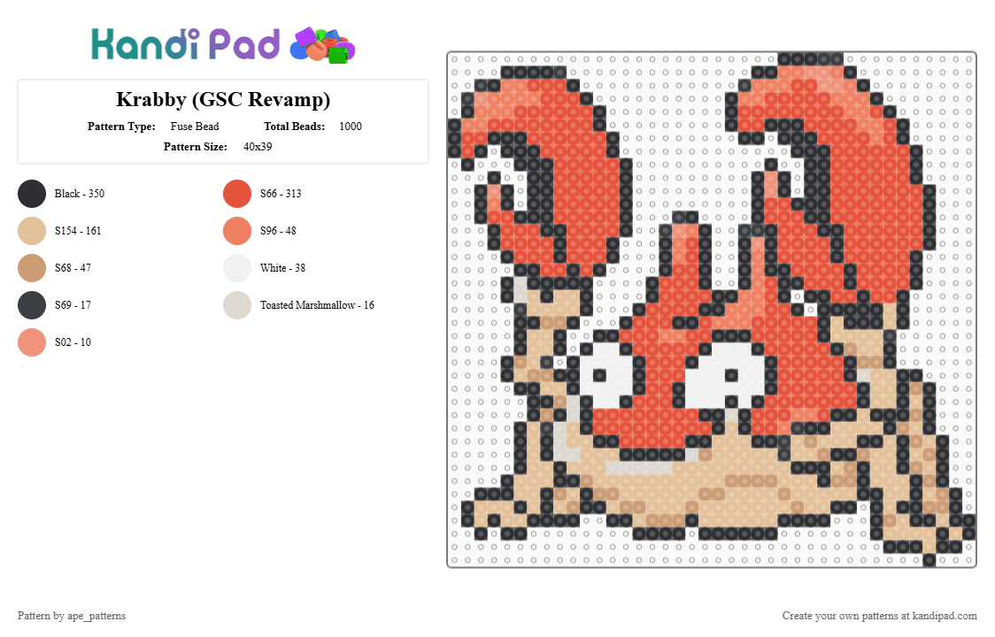 Krabby (GSC Revamp) - Fuse Bead Pattern by ape_patterns on Kandi Pad - red,beige,character,krabby,pokemon,revamp,nintendo,game boy,video games,gaming