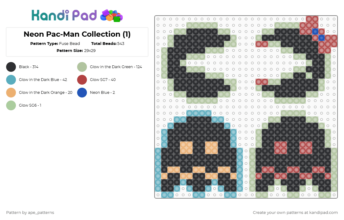 Neon Pac-Man Collection (1) - Fuse Bead Pattern by ape_patterns on Kandi Pad - black,beige,red,light blue,character,neon,pacman,retro,arcade,video games,gaming,pac man