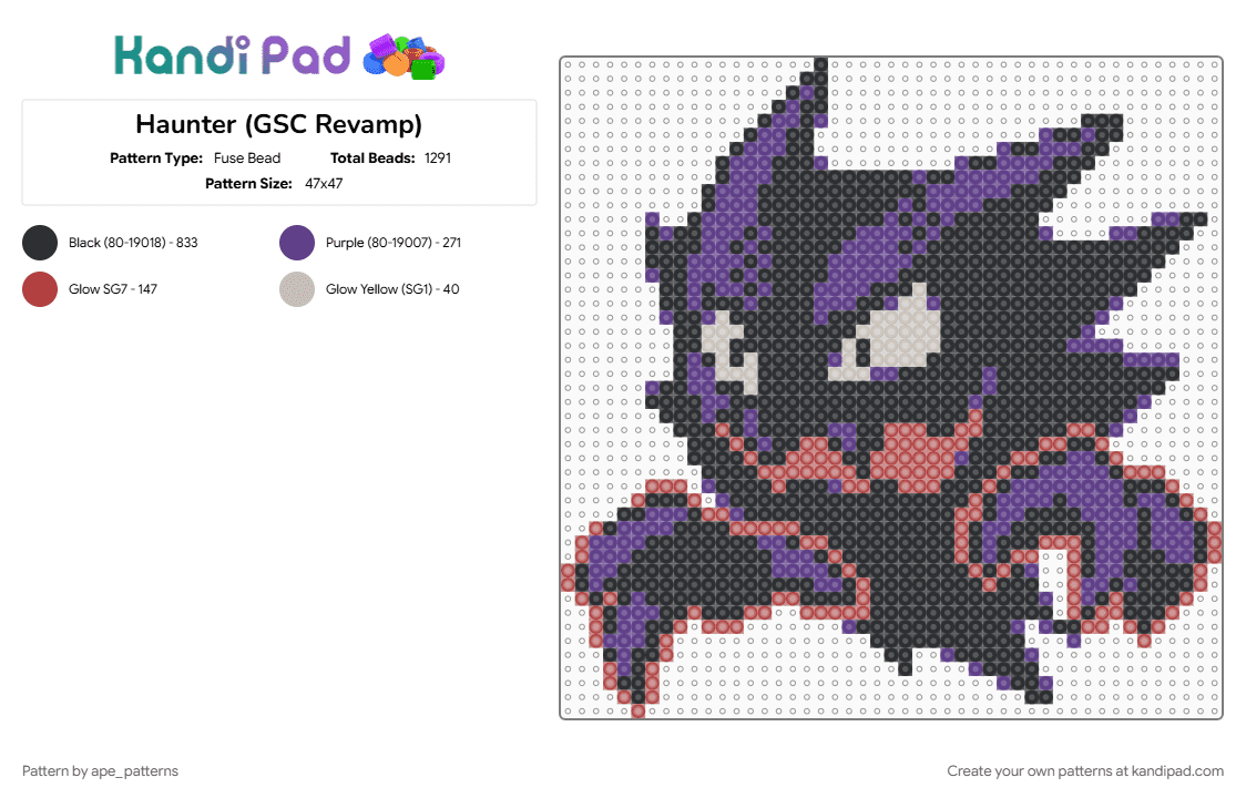 Haunter (GSC Revamp) - Fuse Bead Pattern by ape_patterns on Kandi Pad - black, character, game boy, gaming, haunter, nintendo, pokemon, purple, red, revamp, video games