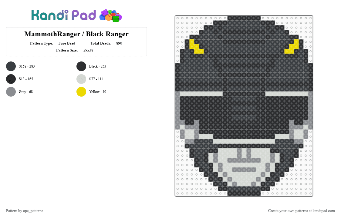 MammothRanger / Black Ranger - Fuse Bead Pattern by ape_patterns on Kandi Pad - character,power rangers,super sentai,mighty morphin power rangers,kyoryu sentai zyuranger,toku,superhero,mmpr