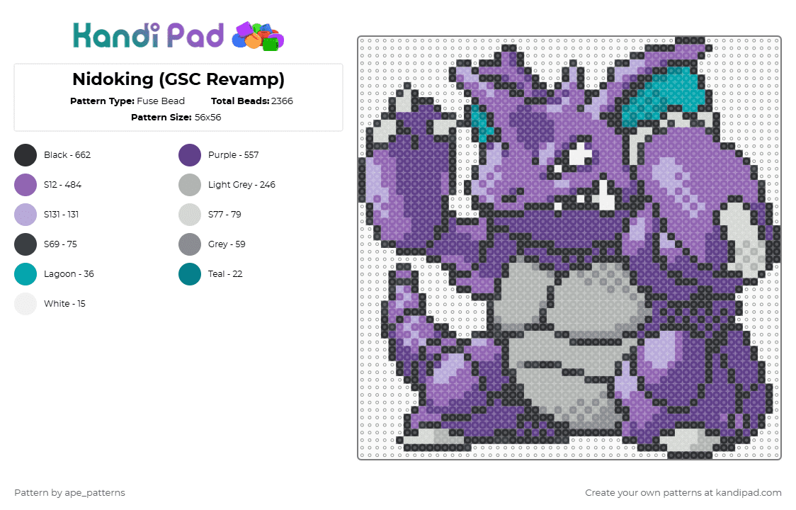 Nidoking (GSC Revamp) - Fuse Bead Pattern by ape_patterns on Kandi Pad - purple,pink,character,nidoking,pokemon,revamp,nintendo,game boy,video games,gaming
