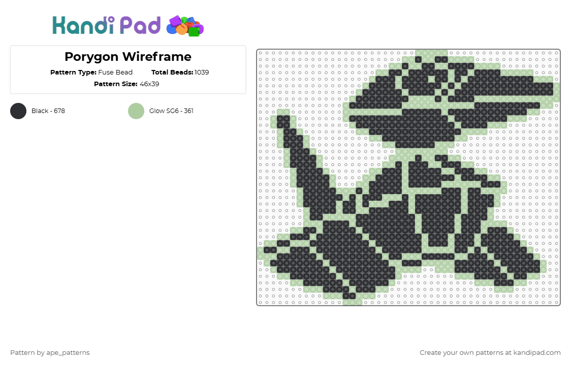 Porygon Wireframe - Fuse Bead Pattern by ape_patterns on Kandi Pad - teal,black,cotdoutlines,character,pokemon,porygon,nintendo,game boy,video games,gaming
