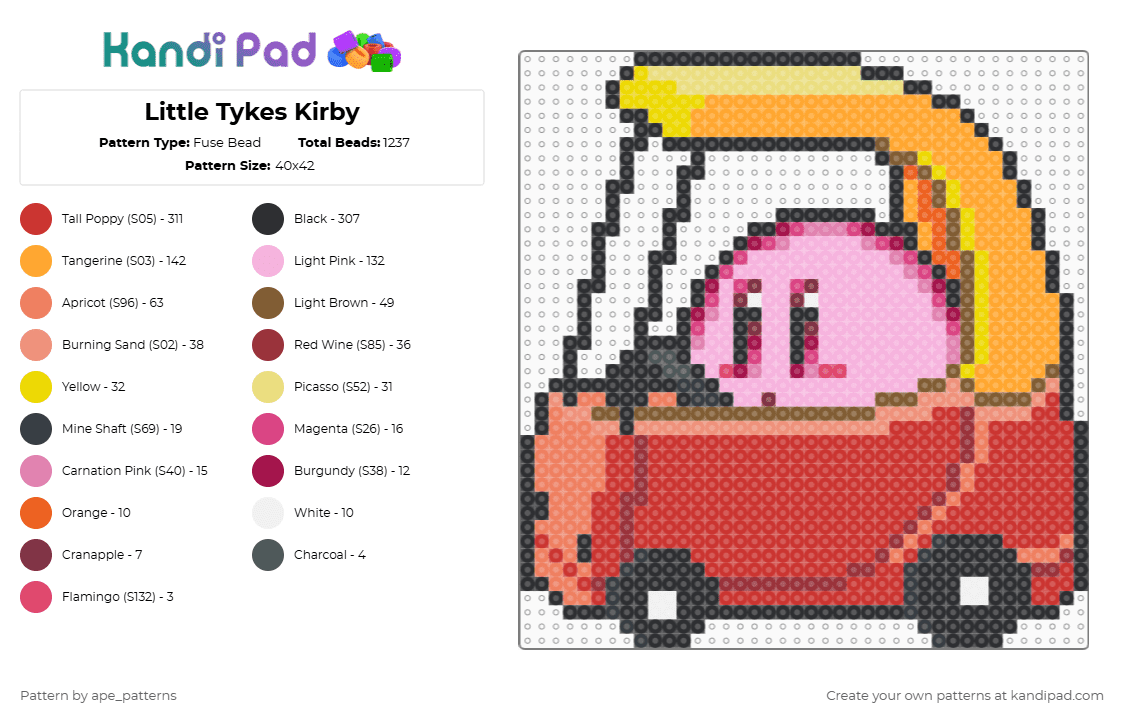 Little Tykes Kirby - Fuse Bead Pattern by ape_patterns on Kandi Pad - pink,orange,red,character,kirby,nintendo,adorable,cute,remix