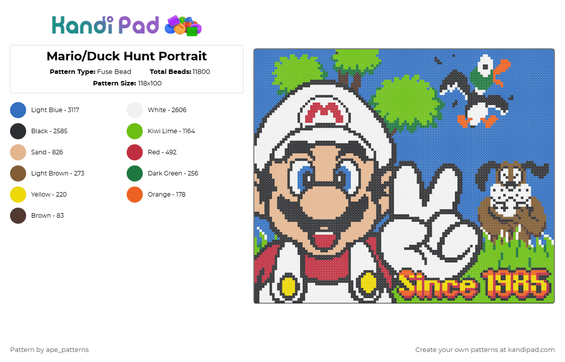 Mario/Duck Hunt Portrait - Fuse Bead Pattern by ape_patterns on Kandi Pad - blue,beige,green,character,mario,duck hunt,nintendo,retro,gaming,video games,nes