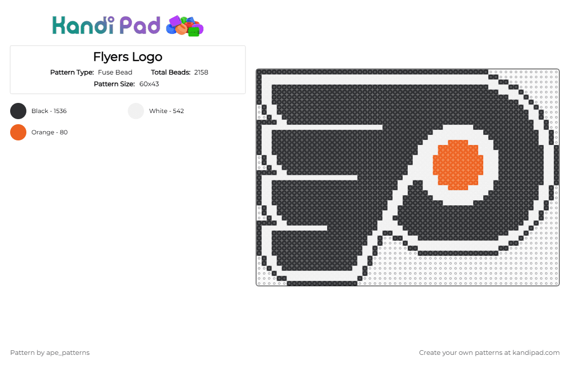 Flyers Logo - Fuse Bead Pattern by ape_patterns on Kandi Pad - black,white,sports,philadelphia,flyers,logo,hockey