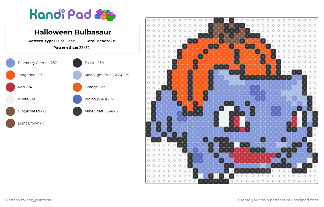 Halloween Bulbasaur - Fuse Bead Pattern by ape_patterns on Kandi Pad - orange,light blue,holiday,halloween,bulbasaur,pokemon,character,gaming,games,video games