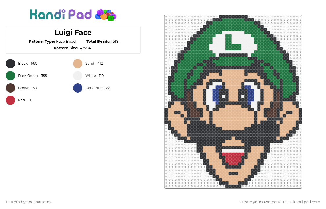 Luigi Face - Fuse Bead Pattern by ape_patterns on Kandi Pad - beige,green,luigi,nintendo,super mario bros,mario