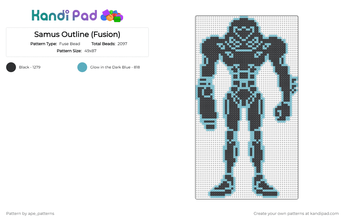 Samus Outline (Fusion) - Fuse Bead Pattern by ape_patterns on Kandi Pad - aran, black, character, fusion, gaming, light blue, metroid, nintendo, samus, video games