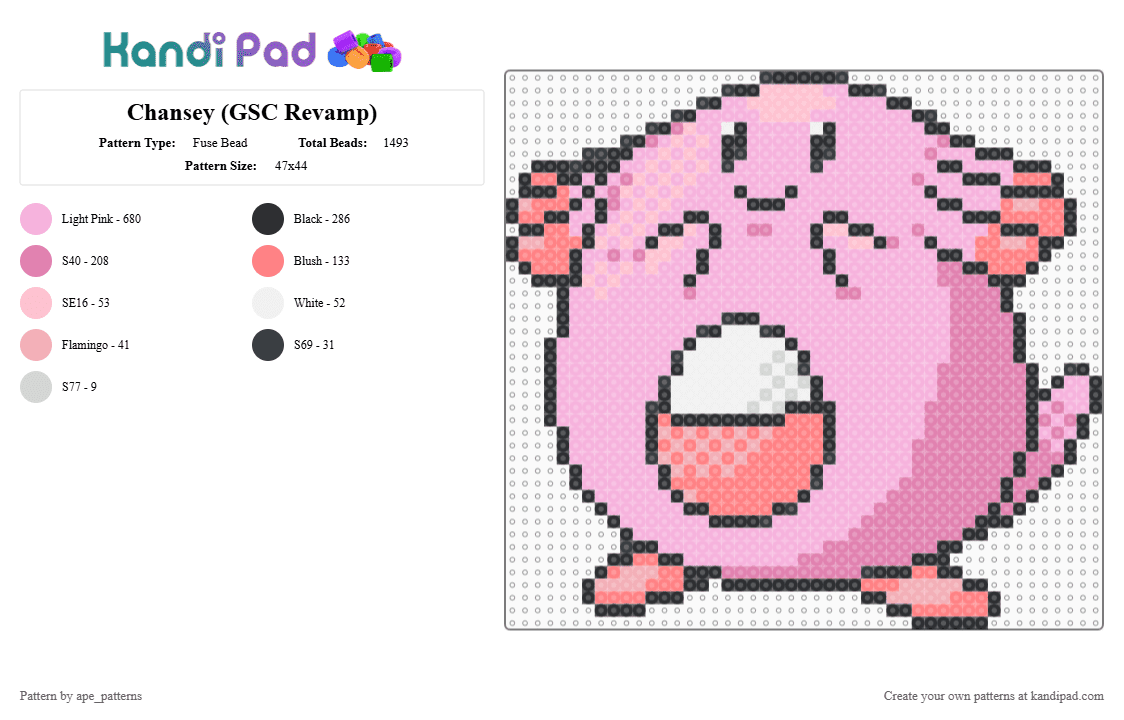 Chansey (GSC Revamp) - Fuse Bead Pattern by ape_patterns on Kandi Pad - pink,character,chansey,pokemon,revamp,nintendo,game boy,video games,gaming