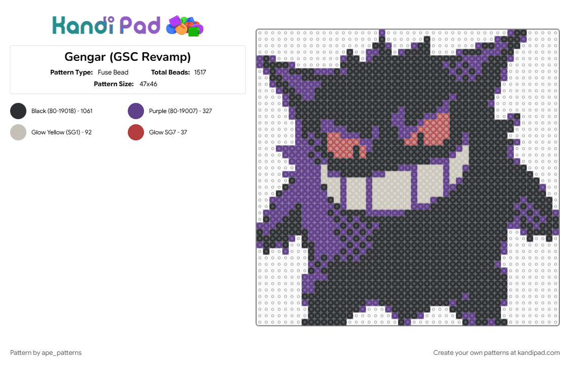 Gengar (GSC Revamp) - Fuse Bead Pattern by ape_patterns on Kandi Pad - black, character, game boy, gaming, gengar, nintendo, pokemon, purple, revamp, video games