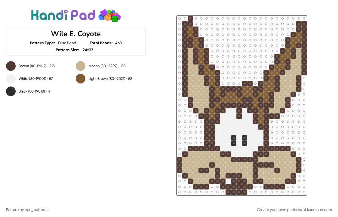 Wile E. Coyote - Fuse Bead Pattern by ape_patterns on Kandi Pad - acme, beige, brown, cartoon, character, coyote, looney toons, looney tunes, nostalgia, wiley coyote