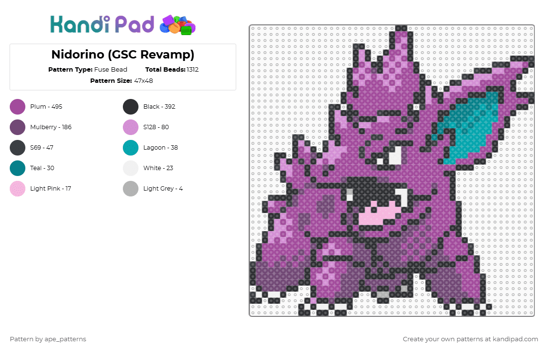 Nidorino (GSC Revamp) - Fuse Bead Pattern by ape_patterns on Kandi Pad - pink,character,nidorino,pokemon,revamp,nintendo,game boy,video games,gaming