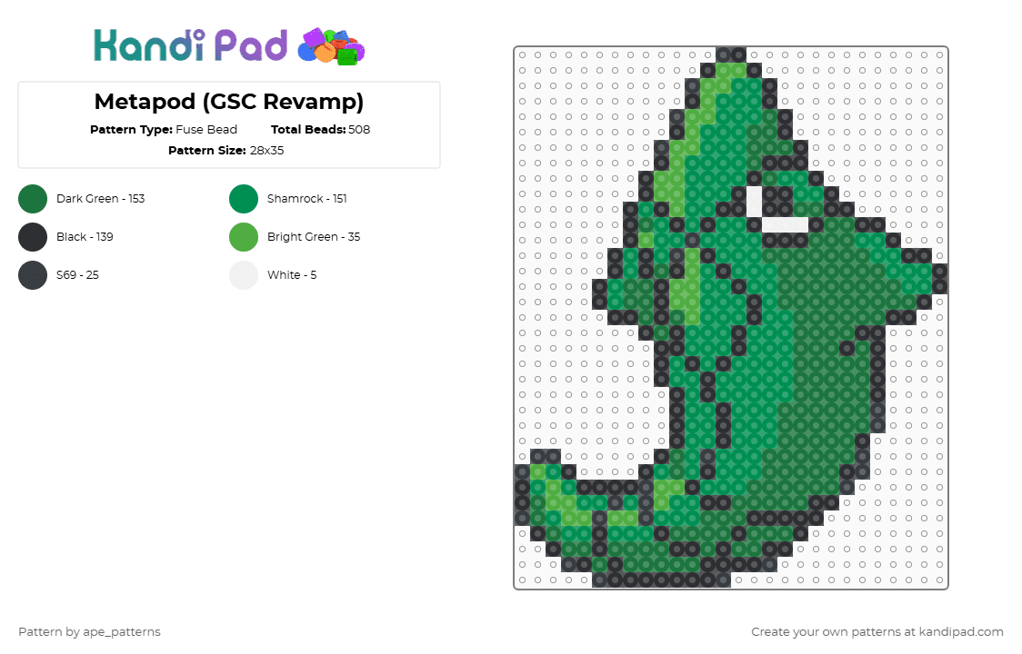 Metapod (GSC Revamp) - Fuse Bead Pattern by ape_patterns on Kandi Pad - green,character,metapod,pokemon,revamp,game boy,nintendo,video games,gaming