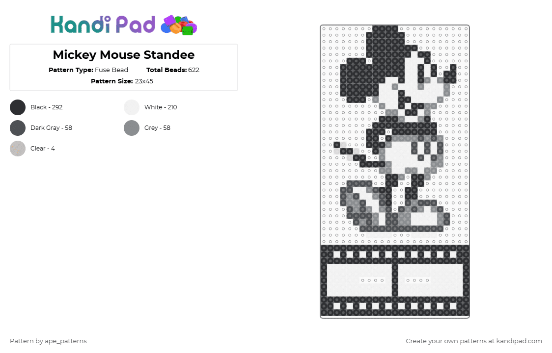 Mickey Mouse Standee - Fuse Bead Pattern by ape_patterns on Kandi Pad - classic,character,cartoon,white,gray,cotdgrayscale,disney,mickey mouse,retro,nostalgia