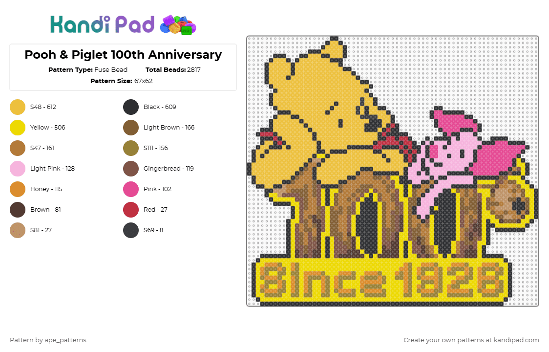 Pooh & Piglet 100th Anniversary - Fuse Bead Pattern by ape_patterns on Kandi Pad - yellow,tan,character,pooh,winnie the pooh,piglet,100th,anniversary,cartoon,childrens book