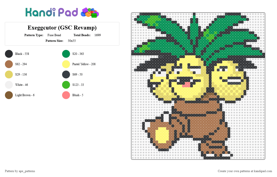 Exeggcutor (GSC Revamp) - Fuse Bead Pattern by ape_patterns on Kandi Pad - green,yellow,tan,character,exeggutor,pokemon,revamp,nintendo,game boy,video games,gaming