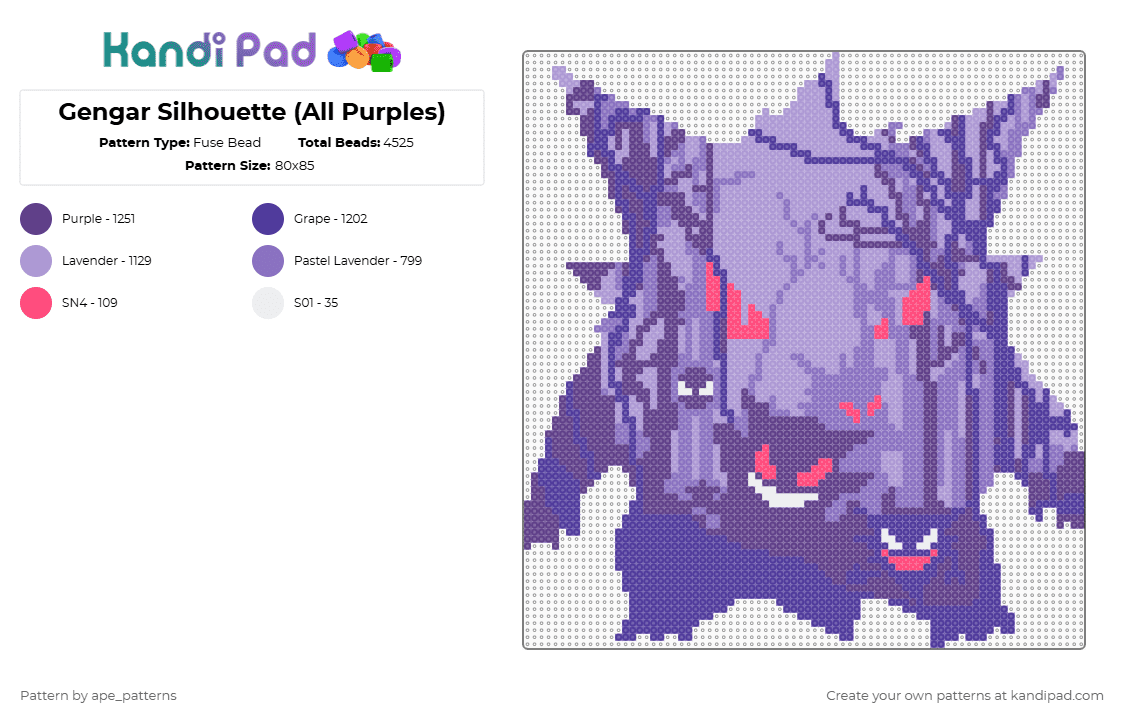 Gengar Silhouette (All Purples) - Fuse Bead Pattern by ape_patterns on Kandi Pad - pink,purple,character,silhouette,remix,gengar,pokemon,gaming,video games