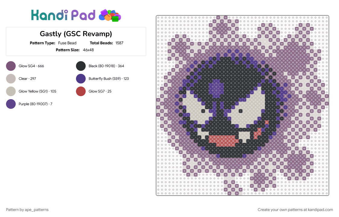 Gastly (GSC Revamp) - Fuse Bead Pattern by ape_patterns on Kandi Pad - beige, character, game boy, gaming, gastly, nintendo, pink, pokemon, revamp, video games